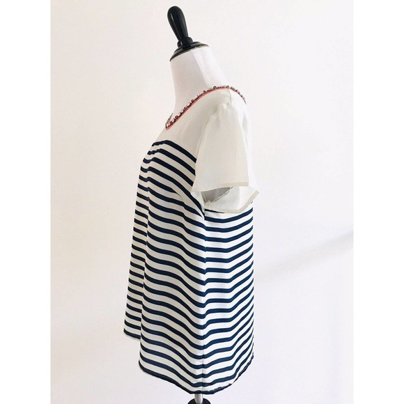 Anthropologie | Maeve Jewel Collar Women SM White Red Striped Top Short Sleeve - Picture 5 of 10